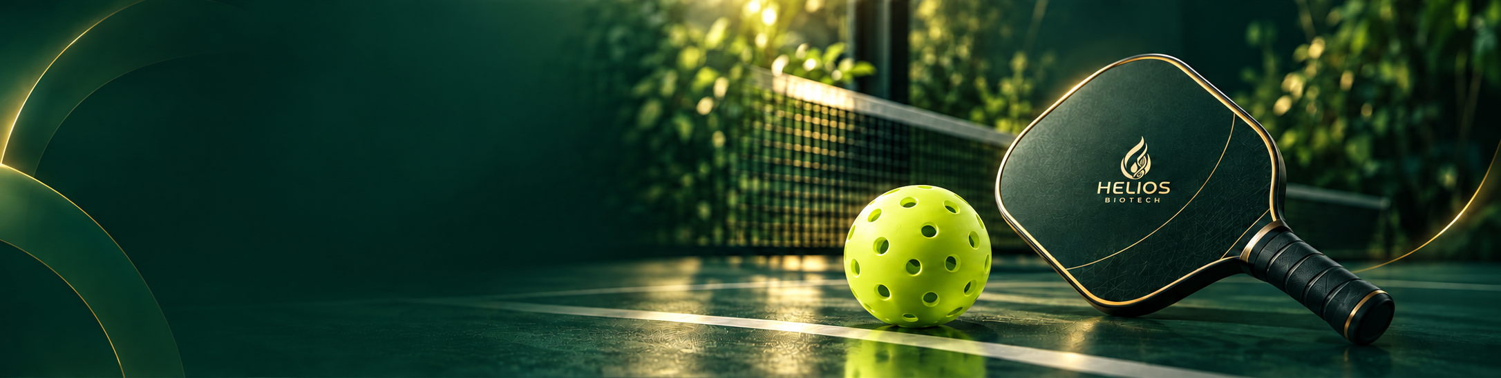 Bóng và vợt Pickleball HELIOS Biotech trên sân xanh